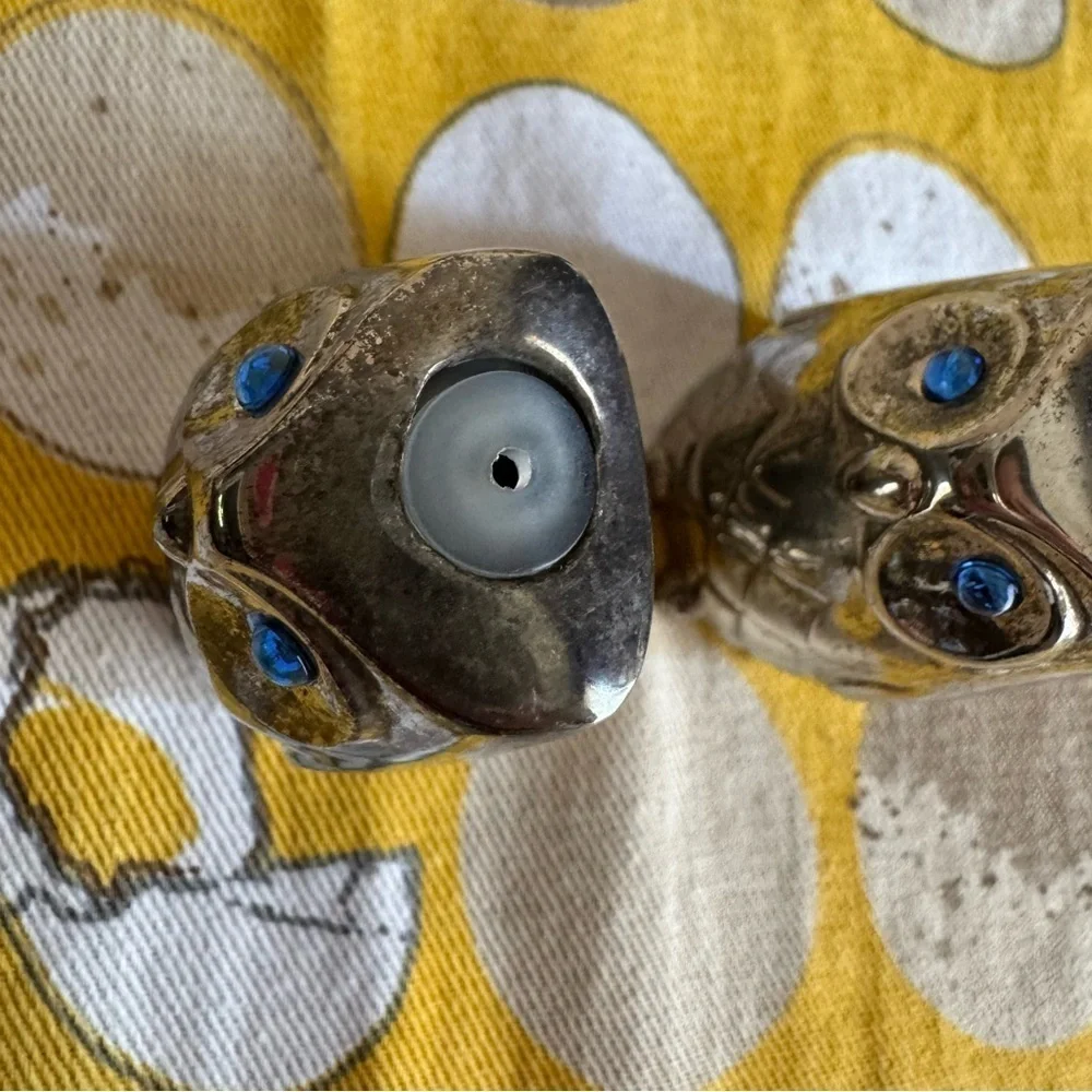 Vintage pewter owl with blue rhinestone eye salt and pepper shaker set